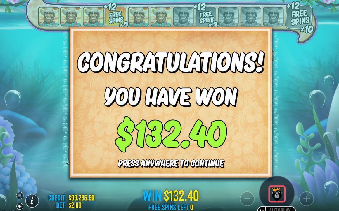Win screen with the total stake return and the fish line-up